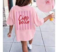 Shein Camiseta de verano holgada reversible a rayas rosa Ciao Bella para niñas