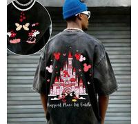 Shein Camiseta de verano para hombre Disney Mickey y Minnie Love You Castle, acabado desgastado, diseño de una sola pieza, tela de algodón puro, cómoda y tr