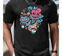 Shein Camiseta de verano para hombre "It's a Mad World" con gato, 220 g/m², algodón puro, manga corta y cuello redondo (1 unidad)
