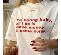 Shein Camiseta de verano para mujer talla grande, camiseta casual de manga corta con cuello redondo y eslogan impreso "Soy aburrida, cariño, todo lo que hag