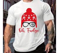 Shein Camiseta deportiva blanca de talla grande para hombre con estampado de gorro y gafas de Papá Noel, cuello redondo, 220 g/m², para verano, de puro algo
