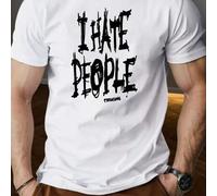 Shein Camiseta deportiva blanca talla grande con el texto "I Hate People", para hombre, cuello redondo, 220 g/m², para verano, de puro algodón, manga corta