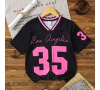 Shein Camiseta deportiva casual con cuello en V y número gráfico en contraste para niñas, conjunto a juego madre-hija, perfecto para vacaciones, verano y vi