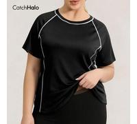 Shein Camiseta deportiva casual para mujer de talla grande, con ribete de color contrastante, cuello redondo, bajo curvo, manga raglán, adecuada para fitnes
