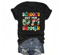 Shein Camiseta deportiva casual para mujer, de tela de punto 100% algodón, de longitud regular, con estampado geométrico "School's Out for Summer", para usa
