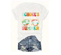Shein Camiseta deportiva casual para mujer, de tela de punto 100% algodón, de longitud regular, con estampado geométrico "School's Out for Summer", para usa