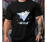 Shein Camiseta deportiva de hombre talla grande con estampado de gato y avión de papel y texto "Viento", cuello redondo, 220 g/m², para verano, de puro algo