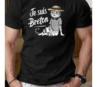 Shein Camiseta deportiva de hombre talla grande con estampado de gato y "Je suis Breton", cuello redondo, 220 g/m², para verano, de puro algodón, manga cort