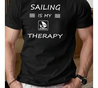 Shein Camiseta deportiva de hombre talla grande con estampado "SAILING IS MY THERAPY", cuello redondo, 220 g/m², para verano, de puro algodón, manga corta (