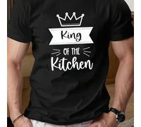 Shein Camiseta deportiva de hombre talla grande con la inscripción "King of the Kitchen", cuello redondo, 220 g/m², para verano, de puro algodón, manga cort