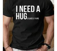 Shein Camiseta deportiva de manga corta para hombre, talla grande, con estampado "Necesito un abrazo y una copa de vino", cuello redondo, 220 g/m², para ver
