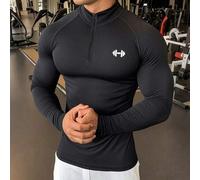 Shein Camiseta deportiva de manga larga con cremallera y media cartera, ajustada, con estampado de barra para hombres. Camiseta de compresión para gimnasio,