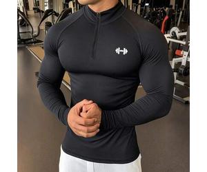 Shein Camiseta deportiva de manga larga con cremallera y media cartera, ajustada, con estampado de barra para hombres. Camiseta de compresión para gimnasio,