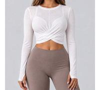 Shein Camiseta deportiva de manga larga para mujer con nudo cruzado en la cintura, ajuste ceñido, orificios para los pulgares, espalda de malla, para fitnes