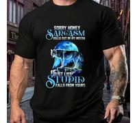 Shein Camiseta deportiva de talla grande con diseño de lobo sarcástico (Sorry Honey Falls From My Mouth), cuello redondo para hombre, 220 g/m², manga corta