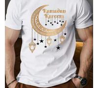 Shein Camiseta deportiva de talla grande para hombre con estampado de Ramadán Kareem, cuello redondo, 220 g/m², para verano, de puro algodón, manga corta (1