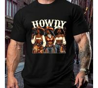 Shein Camiseta deportiva de talla grande para hombre con texto "Howdy" y estampado de vaquera. Cuello redondo, 220 g/m², para verano. Fabricada en puro algo
