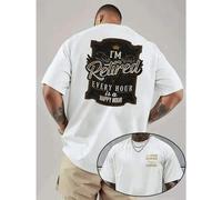Shein Camiseta deportiva Happy Hour Retirement de talla grande para hombre, con estampado de doble cara, cuello redondo, informal, de algodón puro de 220 g/