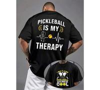 Shein Camiseta deportiva Pickleball Therapy para hombre, talla grande, con estampado a doble cara, cuello redondo, estilo informal, 220 g/m², algodón puro (