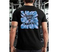 Shein Camiseta deportiva "Queer Love Magic" con estampado a doble cara para hombre, moderna, informal, cuello redondo, 220 g/m², algodón puro (1 unidad)