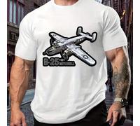 Shein Camiseta deportiva talla grande con el avión B25 Mitchell, cuello redondo para hombre, 220 g/m², para verano, de puro algodón, manga corta (1 pieza)
