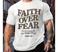 Shein Camiseta deportiva talla grande con versículo bíblico "La fe ante el miedo", cuello redondo para hombre, 220 g/m², verano, puro algodón, manga corta (