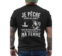 Shein Camiseta divertida de pescador francés para hombres - Camiseta negra de cuello redondo con frases de pesca francesas impresas en la espalda (Je Peche,