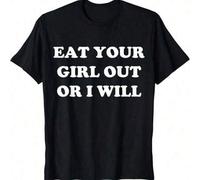 Shein Camiseta divertida del orgullo LGBTQ "Cómete tu ración o te la daré yo" con frase divertida, regalo para parejas, 100 % algodón, camiseta gráfica negr