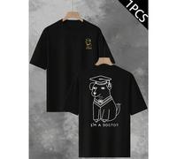 Shein Camiseta divertida "Perro Graduado Doctor", para hombre, con estampado a doble cara, cuello redondo, informal, de algodón de 220 g/m² (1 unidad)