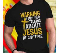 Shein Camiseta DTF hombre cristiano WARNING I MAY START TALKING ABOUT JESUS AT ANY TIME divertida moda casual regalo original ideal oferta especial