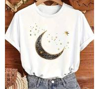 Shein Camiseta elegante con estampado de luna y estrellas para mujer - Blusa de cuello redondo de manga corta casual para primavera/verano, hecha de tela li