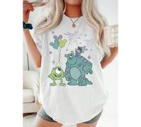 Shein Camiseta elegante de manga corta para mujer con cuello redondo y estampado con los personajes de Monsters, Inc. Mike Wazowski y Sulley, así como globo