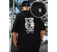 Shein Camiseta Elvira Mistress of Darkness, cuello redondo, corte relajado, casual, ajuste cómodo, estampado llamativo, impreso en ambos lados