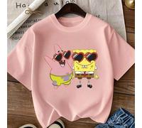 Shein Camiseta estampada con dibujos animados divertidos de Bob Esponja y Patricio Estrella, estilo retro dulce, cuello redondo holgado de manga corta, uso