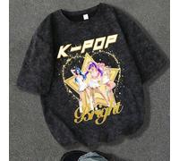 Shein Camiseta estampada con patrón de grupo idol, top casual de manga corta holgado, estilo de calle de verano para uso en el campus para chicas adolescent