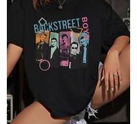 Shein Camiseta estampada de cuello redondo para mujer: estampado pop art de Backstreet Boys, diseño de bloques de colores brillantes, camiseta de banda retr