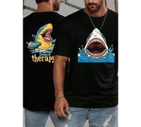 Shein Camiseta estampada extragrande Shark Beach Therapy para hombre, con estampado de doble cara, cuello redondo, informal y moderna, 220 g/m² de algodón p
