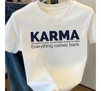 Shein Camiseta estampada KARMA' para mujer, 100% algodón, corte holgado, top de verano, serie K-Pop Warrior, top de algodón puro, ropa de mujer, ropa de ver