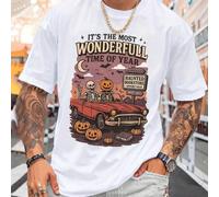 Shein Camiseta estampada para hombre de Wonderful Time of Year, diseño de librería embrujada con oferta espeluznante, camiseta gráfica estilo Halloween, est
