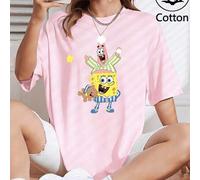 Shein Camiseta extragrande negra de manga corta y cuello redondo para primavera/otoño. Bob Esponja y Patricio en pijama, con Bob Esponja abrazando a un osit