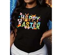 Shein Camiseta gráfica con conejito de Pascua en una cesta, camiseta casual de cuello redondo de manga corta con corazón y letras florales, 100% algodón