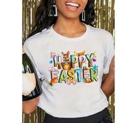 Shein Camiseta gráfica con conejito de Pascua en una cesta, camiseta casual de cuello redondo de manga corta con corazón y letras florales, 100% algodón