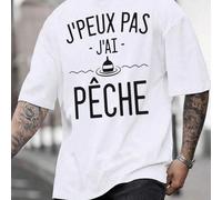 Shein Camiseta gráfica divertida para hombre con diseño de pesca "J'peux Pas J'ai Peche", camiseta informal suave y cómoda para entusiastas del aire libr