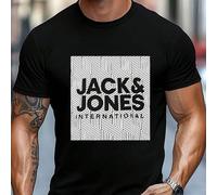 Shein Camiseta gráfica negra Jack & Jones para hombre, cuello redondo, 220 g/m², verano, puro algodón, manga corta (1 unidad)