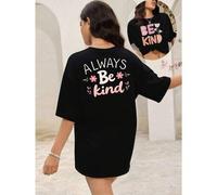 Shein Camiseta gráfica Always Be Kind, para mujer, con estampado de doble cara, estilo casual, cuello redondo, 220 g/m² de algodón puro (1 unidad)