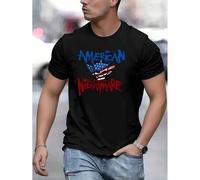 Shein Camiseta gráfica "American Nightmare" para hombre: camiseta informal de poliéster de manga corta y cuello redondo con diseño geométrico de águila, tej