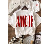Shein Camiseta gráfica AMOUR, camiseta minimalista de manga corta y cuello redondo casual para mujer, atuendo de vacaciones de verano