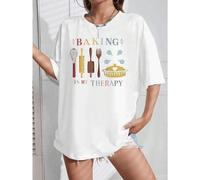 Shein Camiseta gráfica Baking Therapy, algodón de 220 g, informal, de verano, con cuello redondo y manga corta (1 unidad)