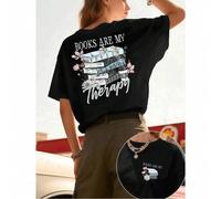 Shein Camiseta gráfica "Books Therapy", para mujer, con estampado de doble cara, moderna e informal, cuello redondo, 220 g/m², algodón puro (1 unidad)