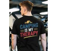 Shein Camiseta gráfica "Camping Therapy", para hombre, con estampado de doble cara, cuello redondo, informal, 220 g/m², algodón puro (1 unidad)